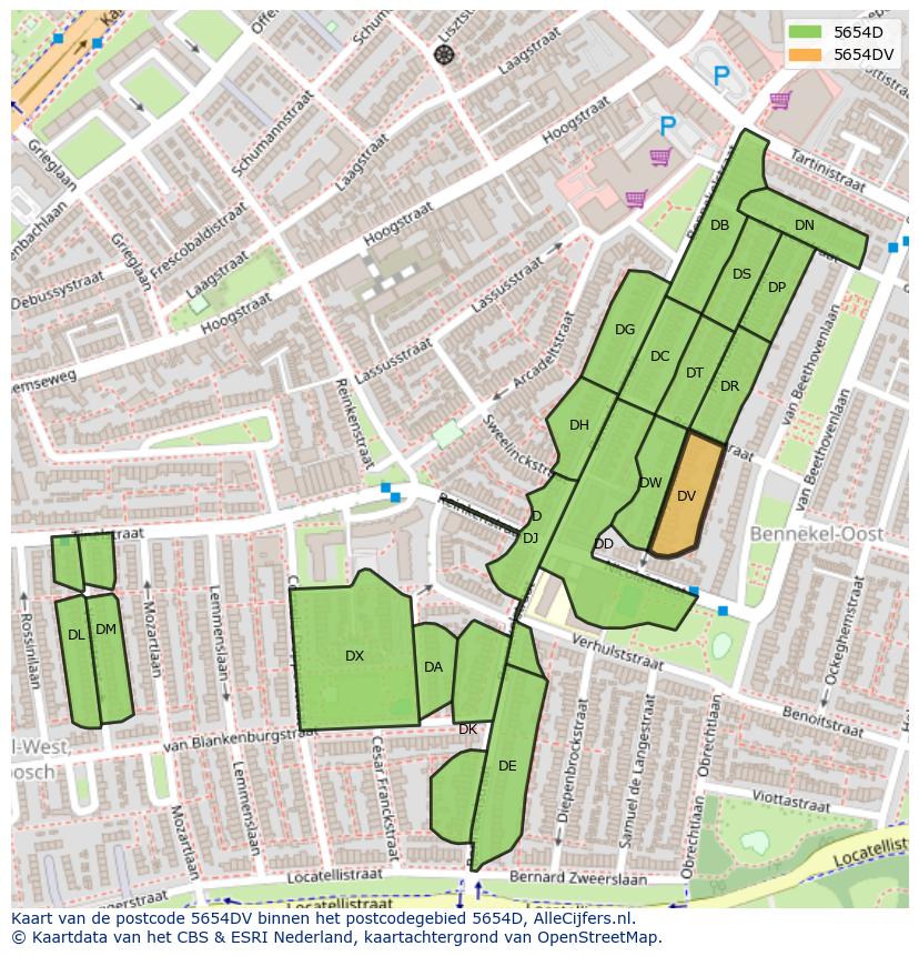 Afbeelding van het postcodegebied 5654 DV op de kaart.