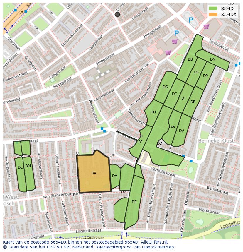 Afbeelding van het postcodegebied 5654 DX op de kaart.