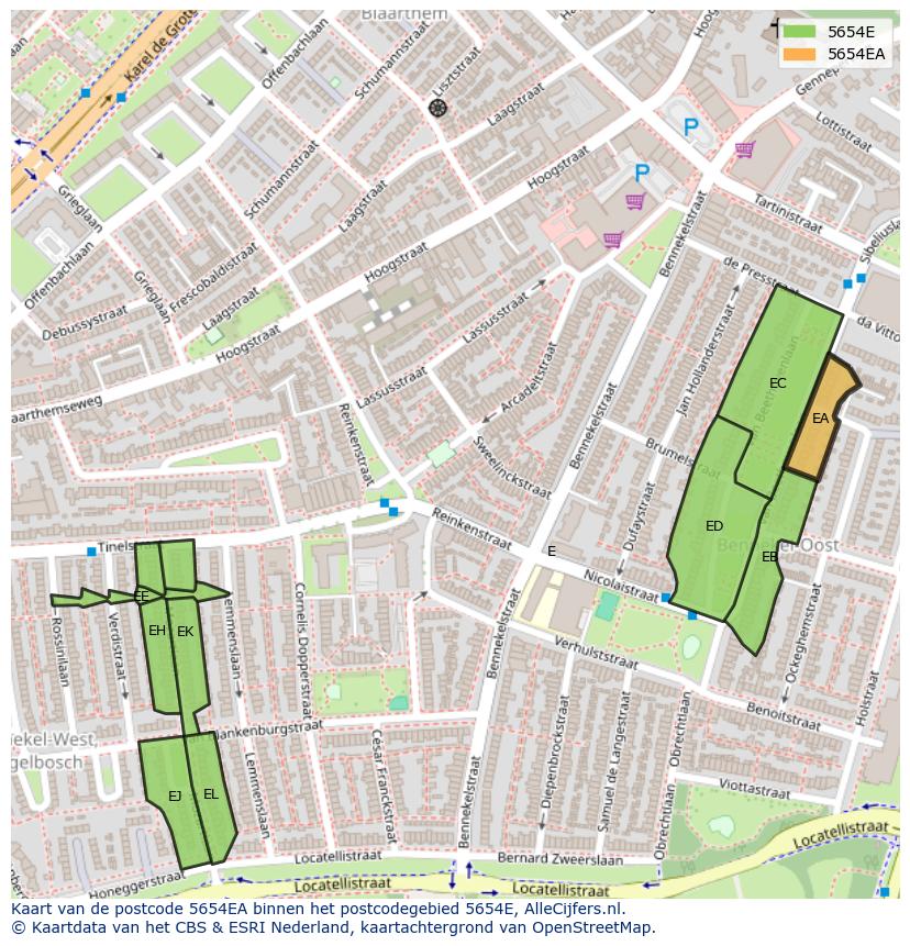 Afbeelding van het postcodegebied 5654 EA op de kaart.