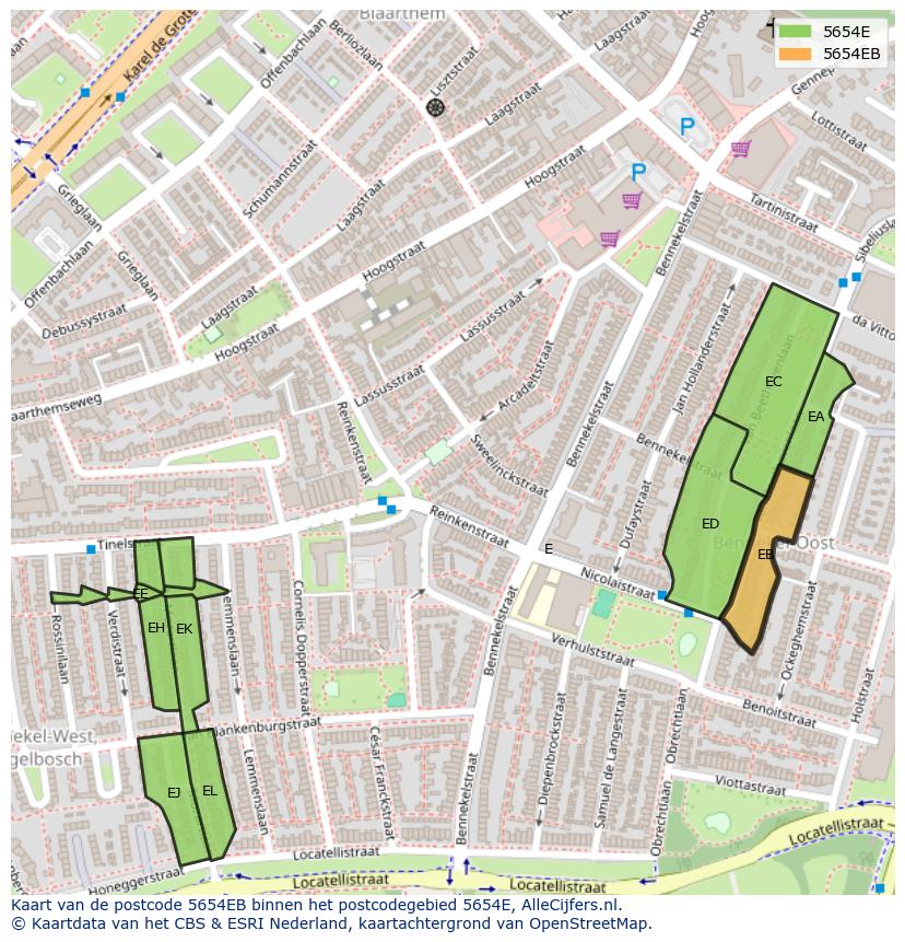Afbeelding van het postcodegebied 5654 EB op de kaart.
