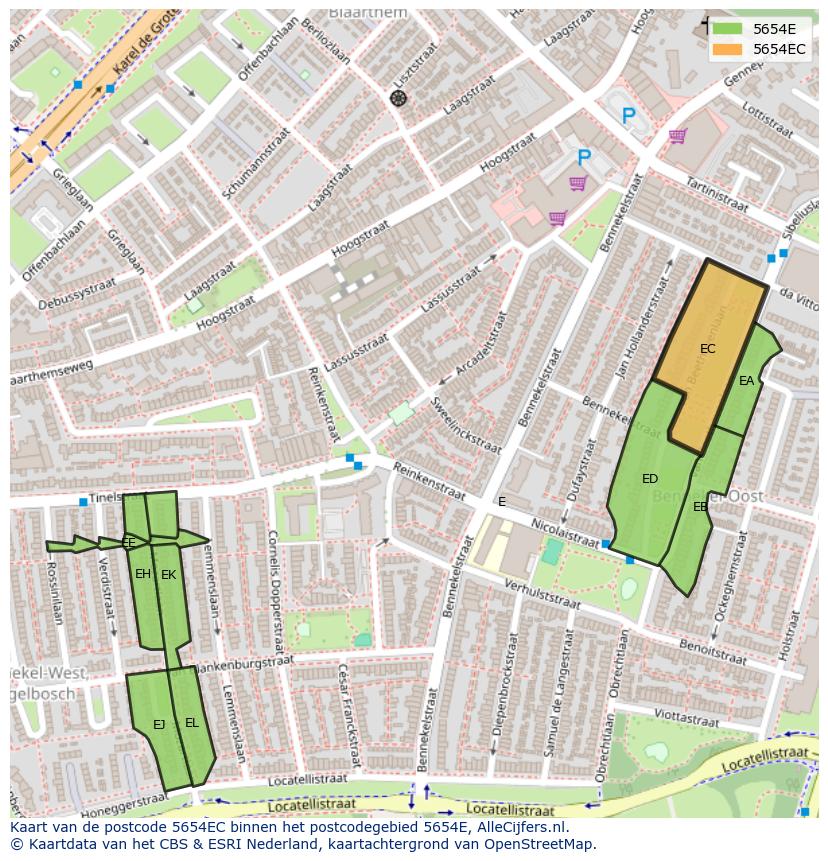 Afbeelding van het postcodegebied 5654 EC op de kaart.