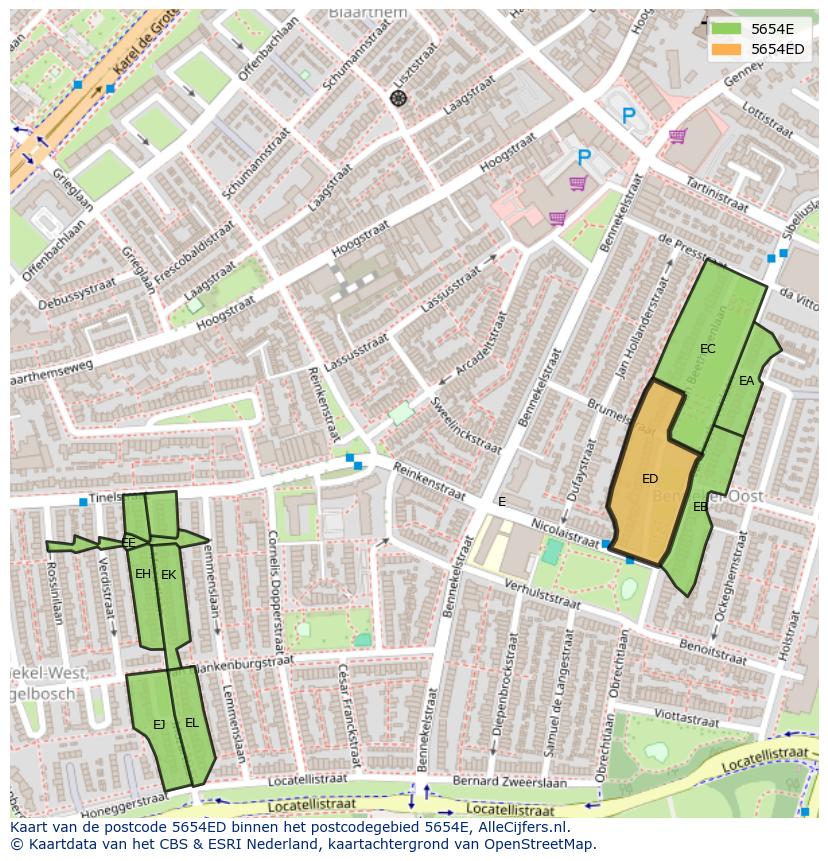 Afbeelding van het postcodegebied 5654 ED op de kaart.