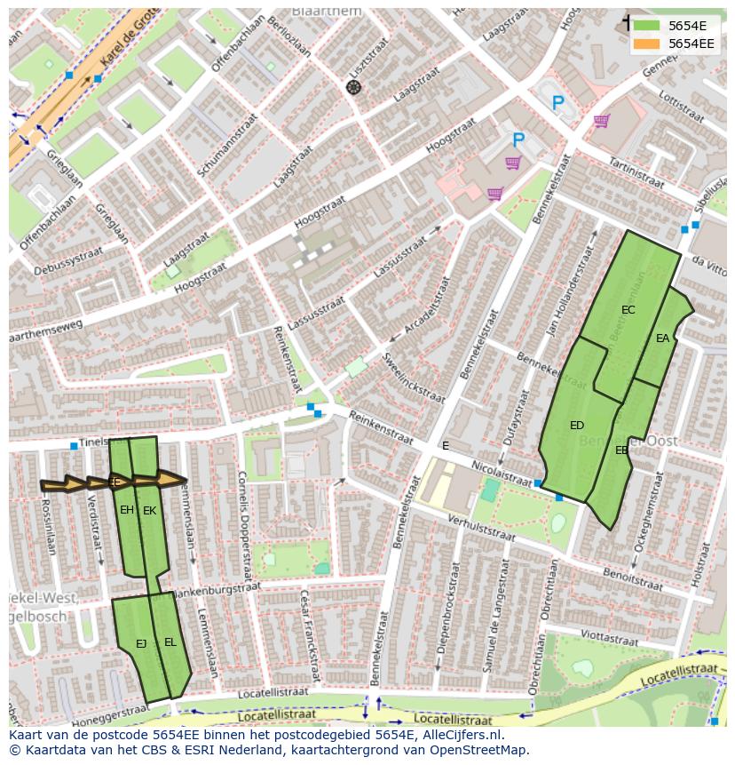 Afbeelding van het postcodegebied 5654 EE op de kaart.