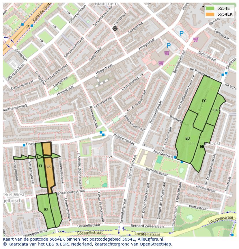Afbeelding van het postcodegebied 5654 EK op de kaart.