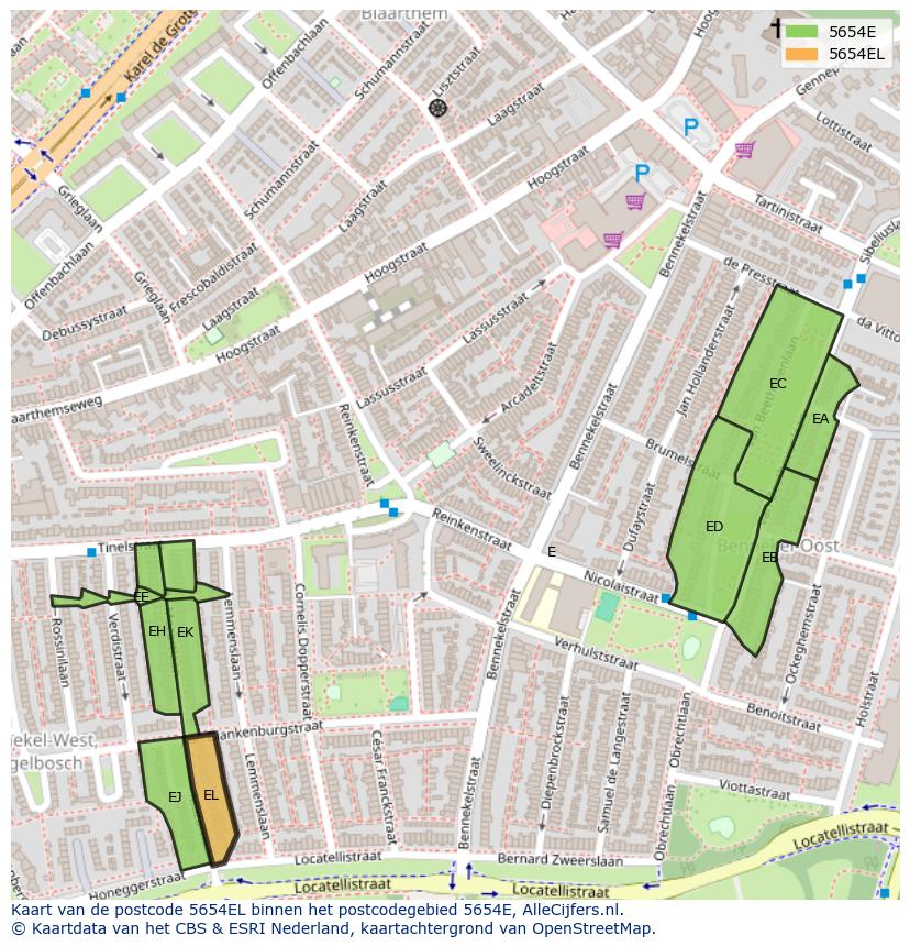 Afbeelding van het postcodegebied 5654 EL op de kaart.
