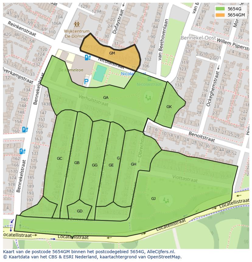 Afbeelding van het postcodegebied 5654 GM op de kaart.