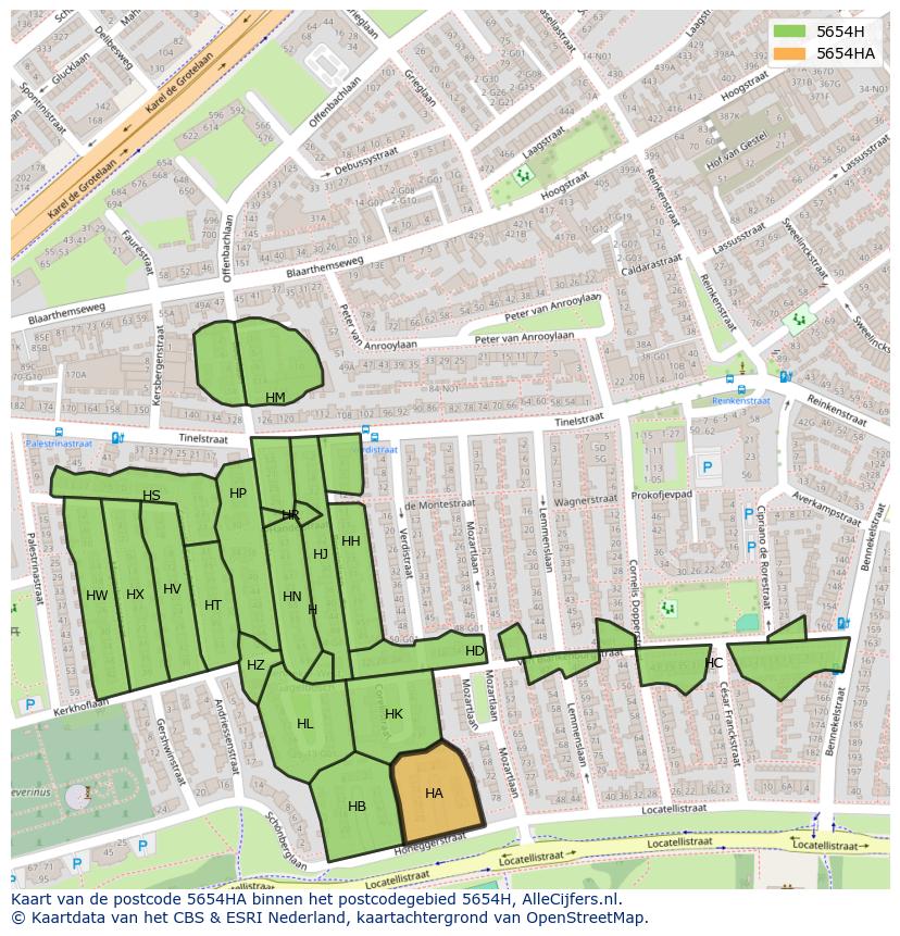 Afbeelding van het postcodegebied 5654 HA op de kaart.