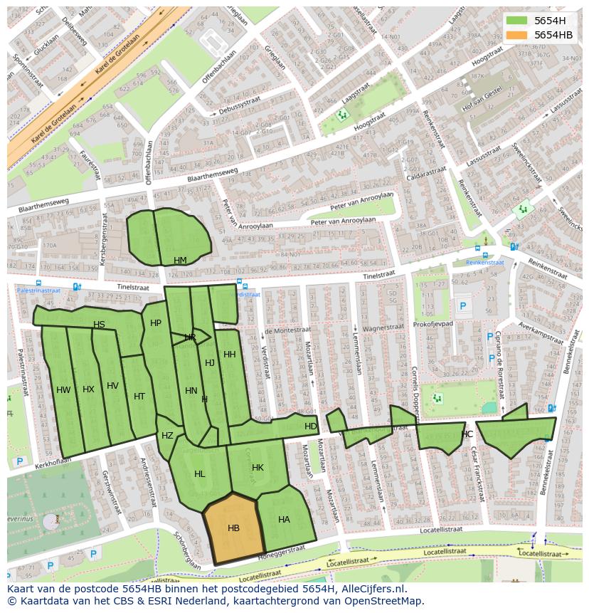 Afbeelding van het postcodegebied 5654 HB op de kaart.
