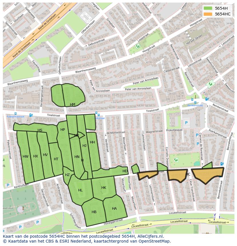 Afbeelding van het postcodegebied 5654 HC op de kaart.