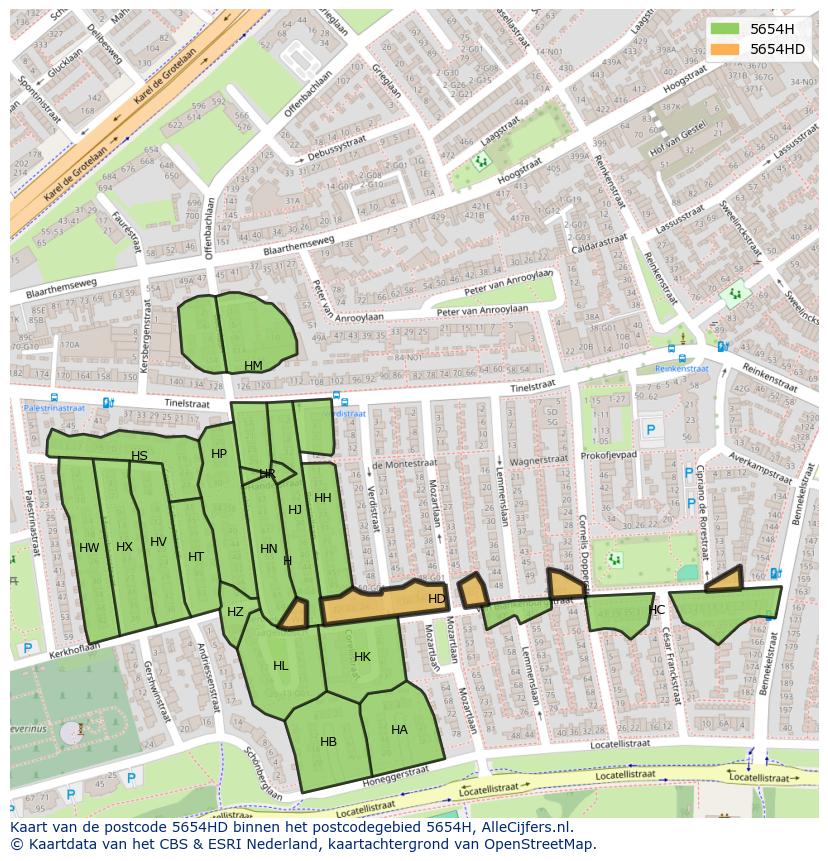 Afbeelding van het postcodegebied 5654 HD op de kaart.