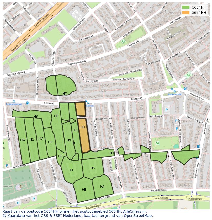 Afbeelding van het postcodegebied 5654 HH op de kaart.