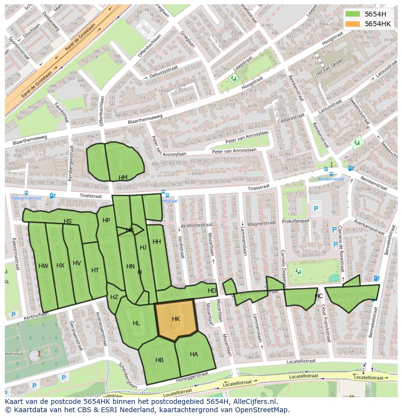 Afbeelding van het postcodegebied 5654 HK op de kaart.