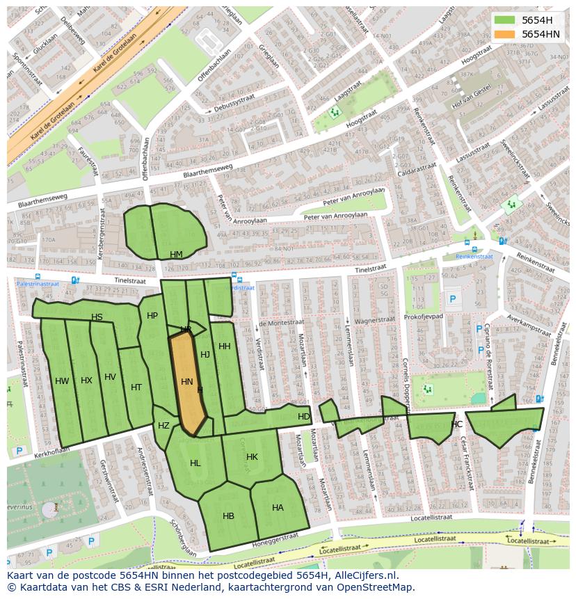 Afbeelding van het postcodegebied 5654 HN op de kaart.
