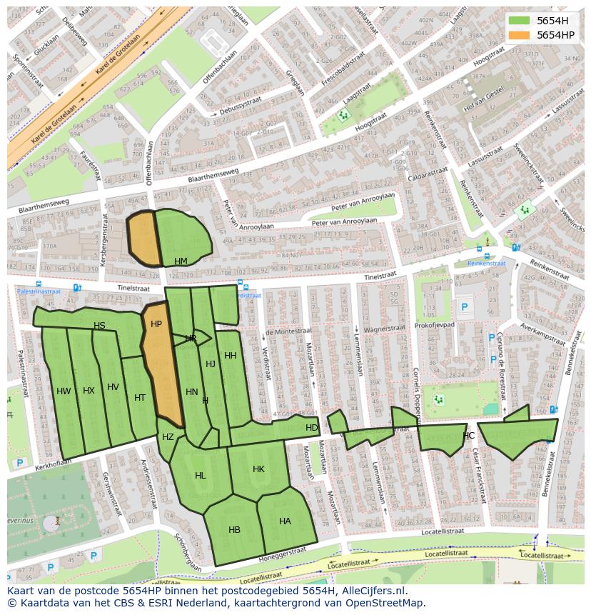 Afbeelding van het postcodegebied 5654 HP op de kaart.