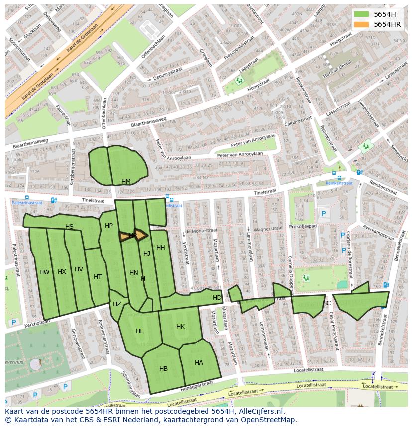 Afbeelding van het postcodegebied 5654 HR op de kaart.