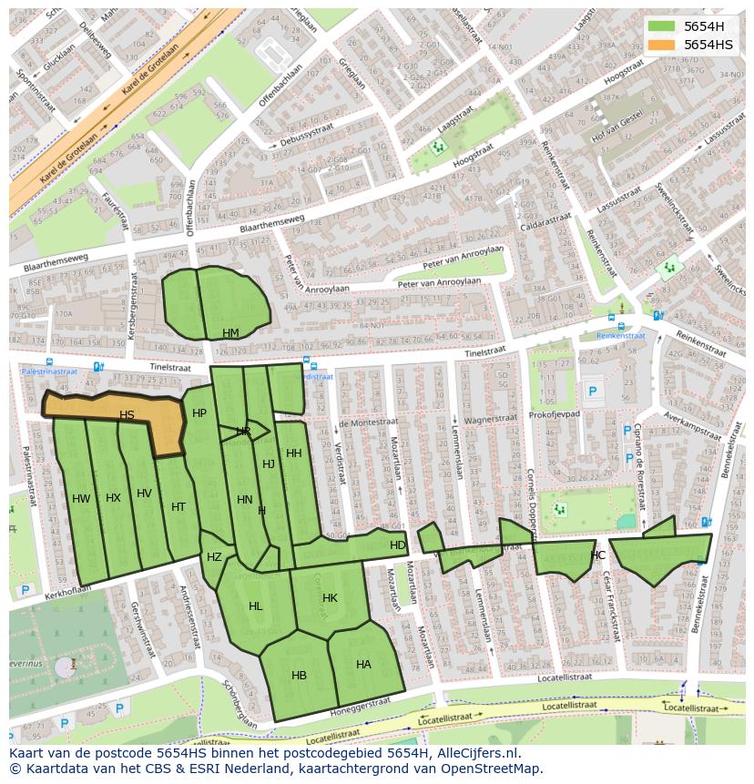Afbeelding van het postcodegebied 5654 HS op de kaart.