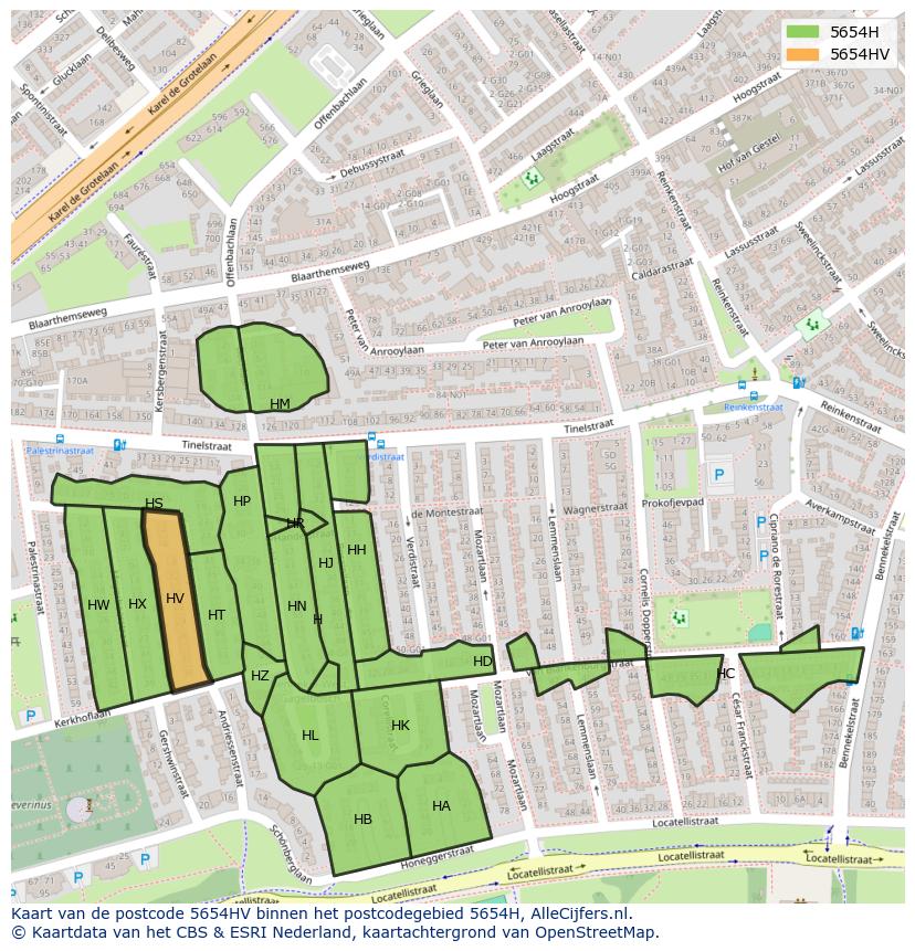 Afbeelding van het postcodegebied 5654 HV op de kaart.