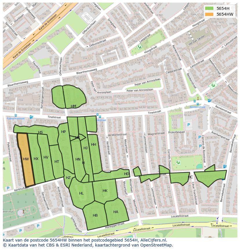 Afbeelding van het postcodegebied 5654 HW op de kaart.