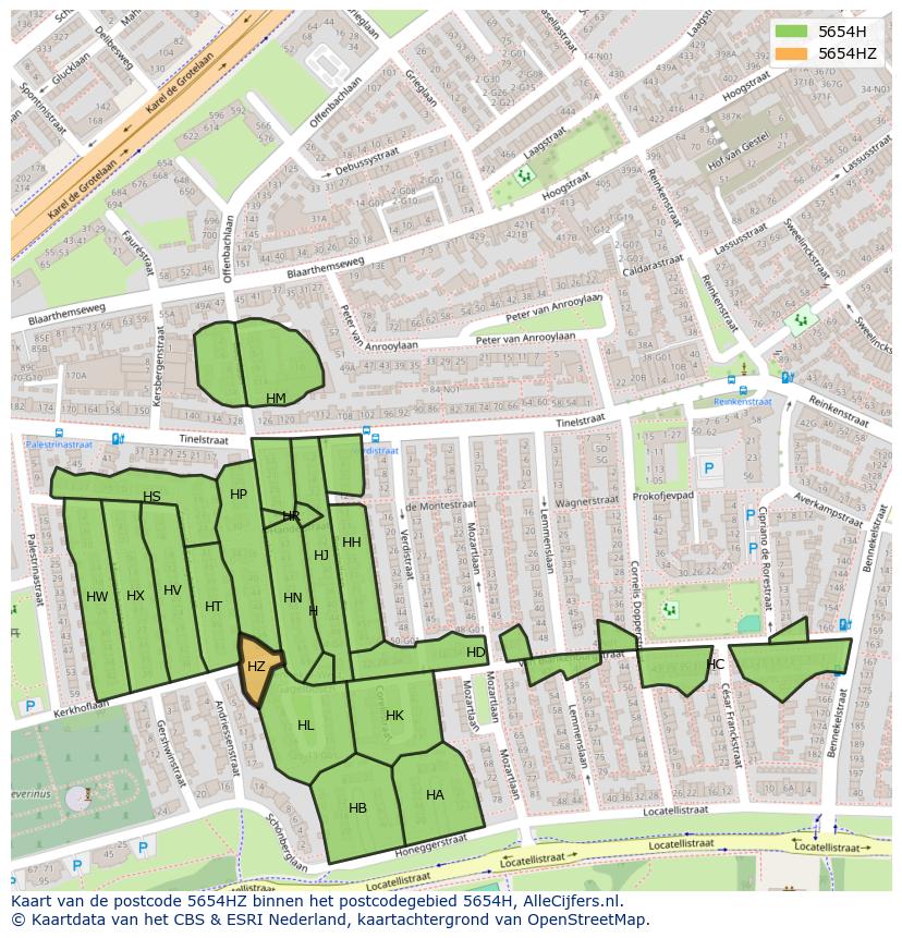 Afbeelding van het postcodegebied 5654 HZ op de kaart.