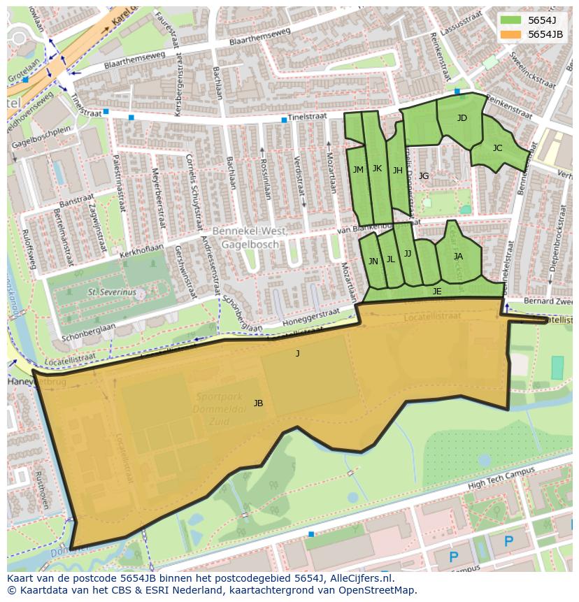 Afbeelding van het postcodegebied 5654 JB op de kaart.