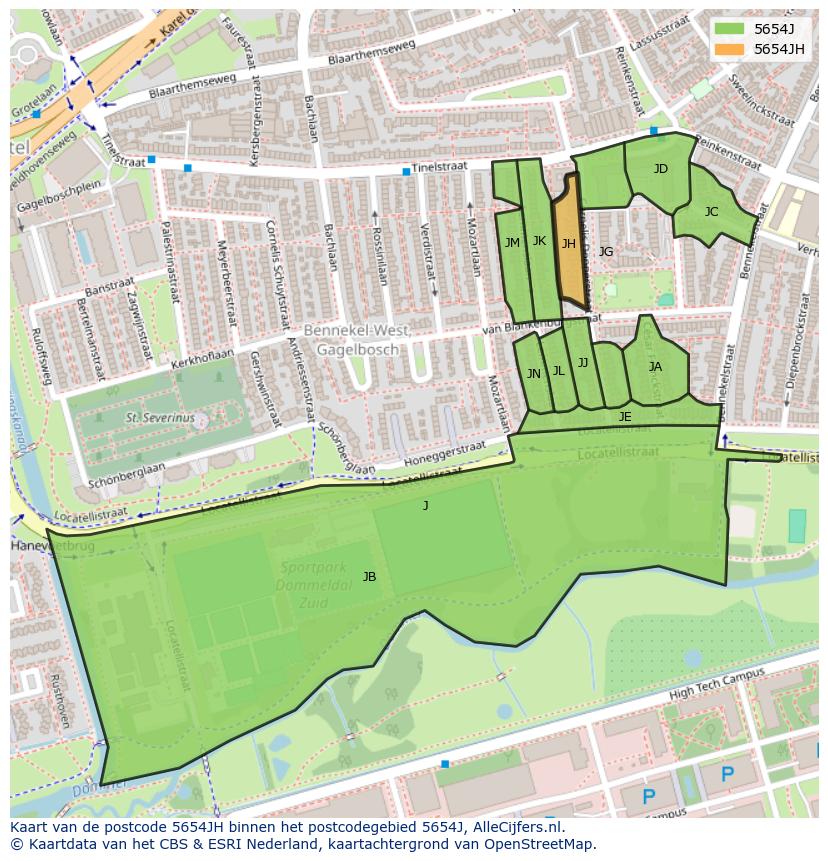 Afbeelding van het postcodegebied 5654 JH op de kaart.