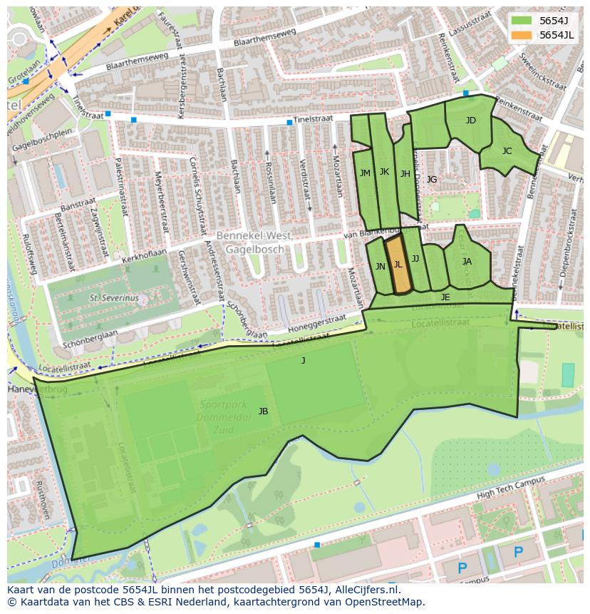 Afbeelding van het postcodegebied 5654 JL op de kaart.