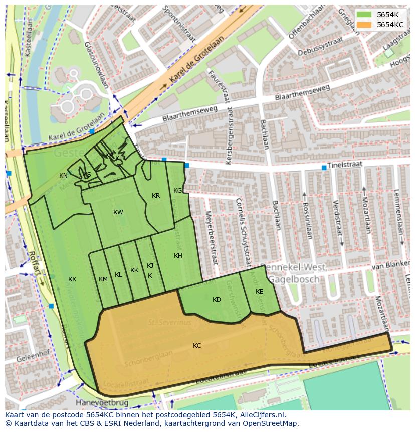 Afbeelding van het postcodegebied 5654 KC op de kaart.