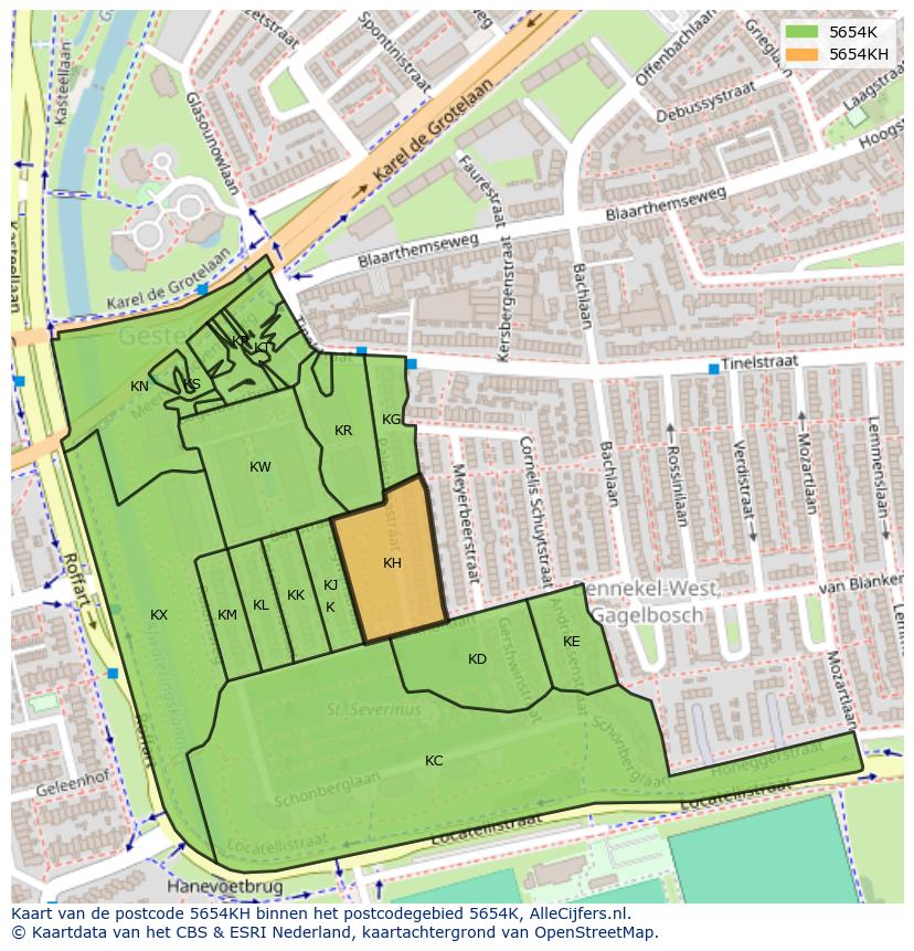 Afbeelding van het postcodegebied 5654 KH op de kaart.