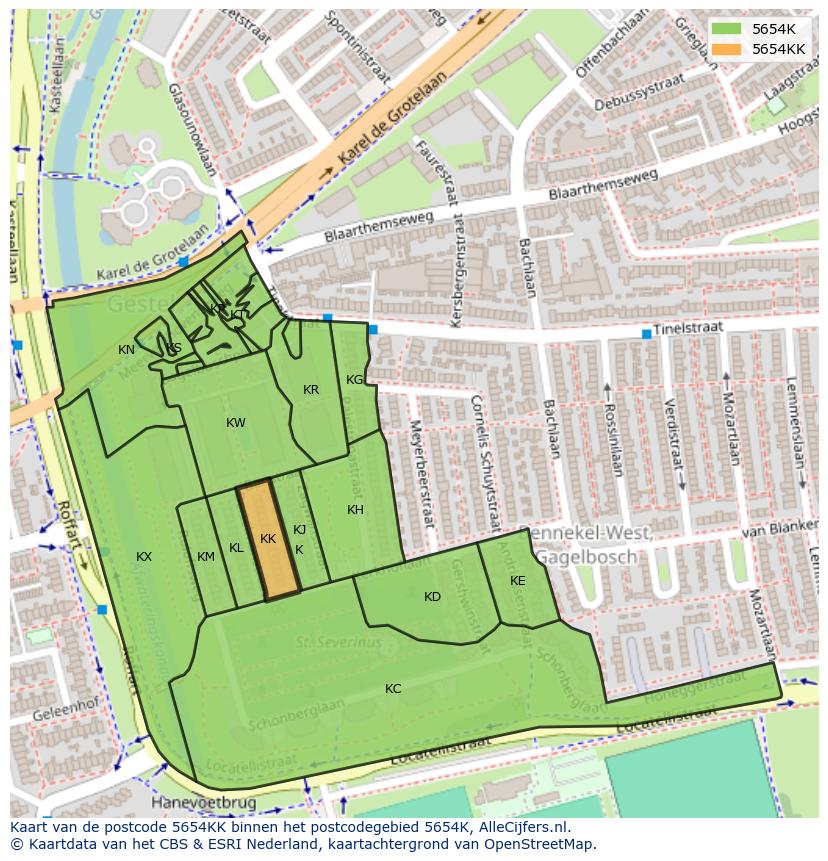 Afbeelding van het postcodegebied 5654 KK op de kaart.