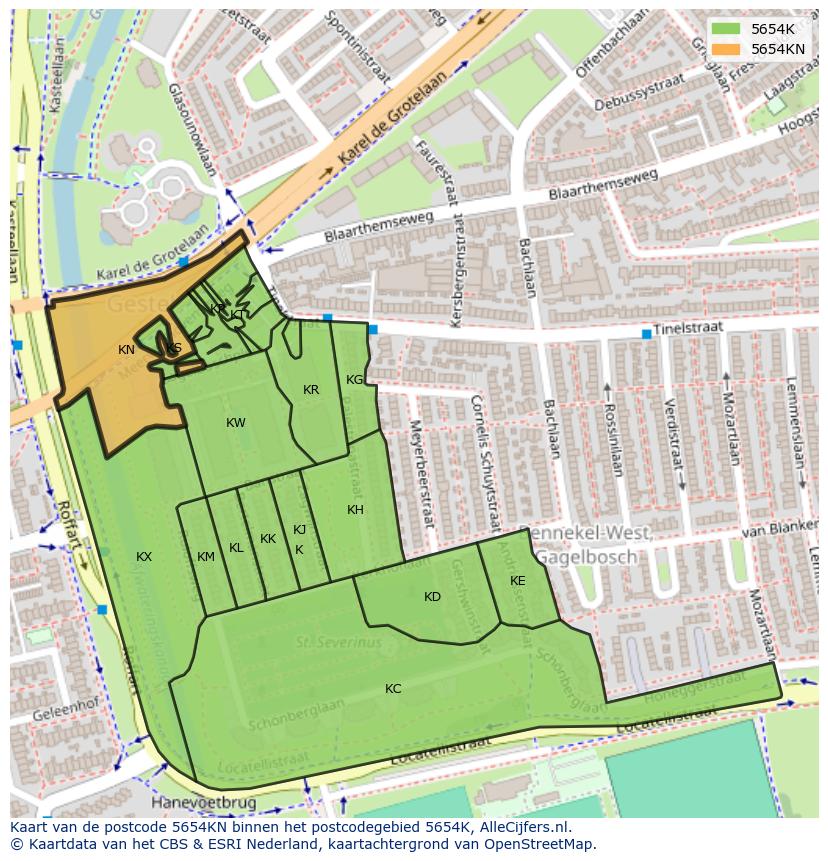 Afbeelding van het postcodegebied 5654 KN op de kaart.