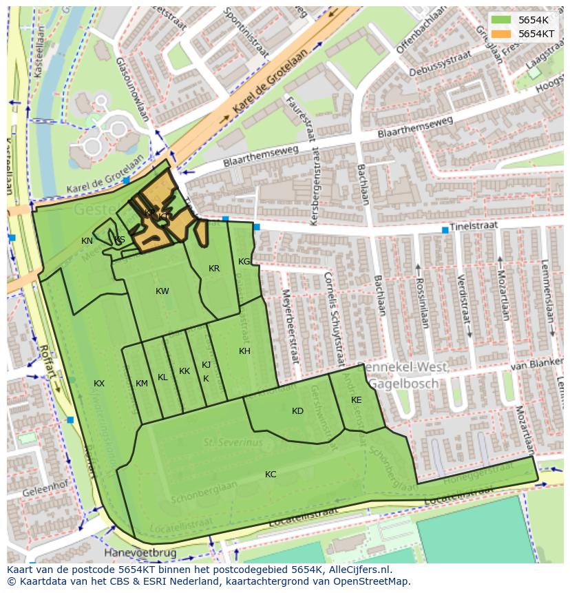 Afbeelding van het postcodegebied 5654 KT op de kaart.