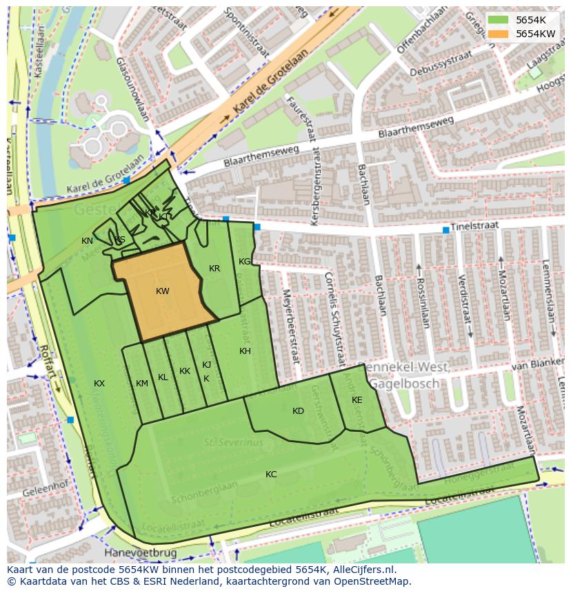 Afbeelding van het postcodegebied 5654 KW op de kaart.
