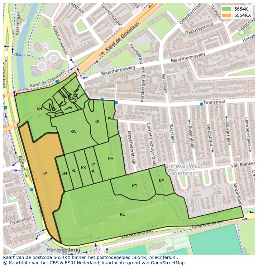 Afbeelding van het postcodegebied 5654 KX op de kaart.