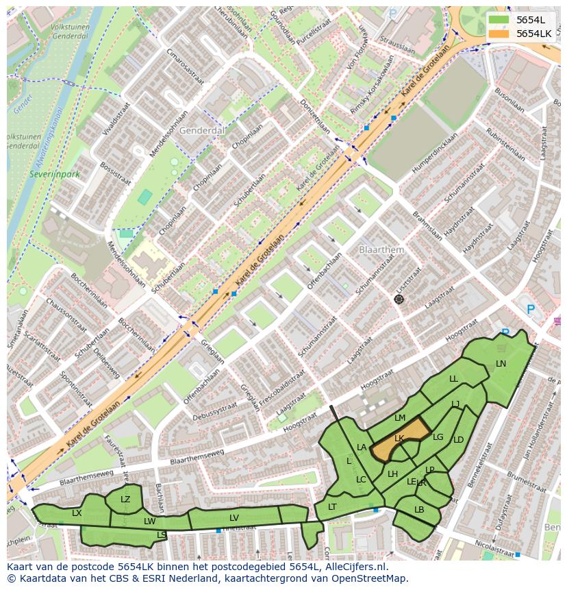 Afbeelding van het postcodegebied 5654 LK op de kaart.