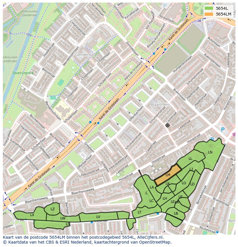 Afbeelding van het postcodegebied 5654 LM op de kaart.