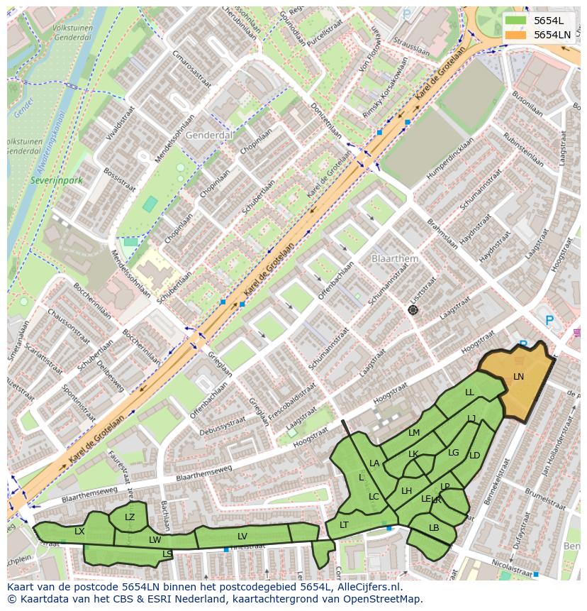 Afbeelding van het postcodegebied 5654 LN op de kaart.