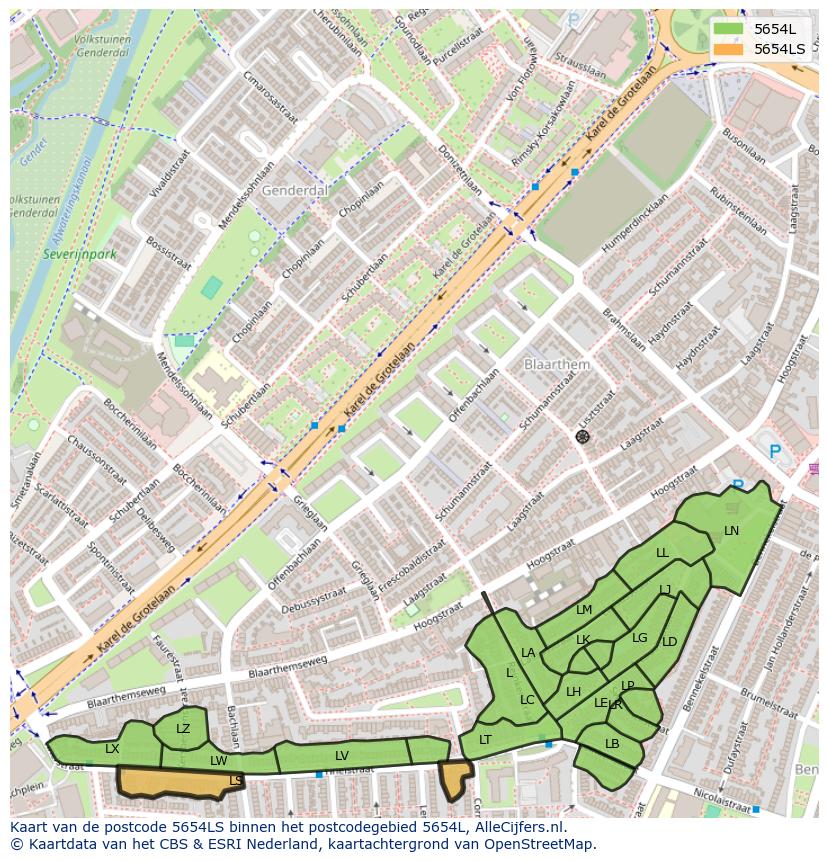Afbeelding van het postcodegebied 5654 LS op de kaart.