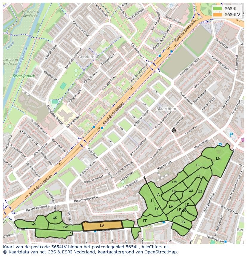 Afbeelding van het postcodegebied 5654 LV op de kaart.