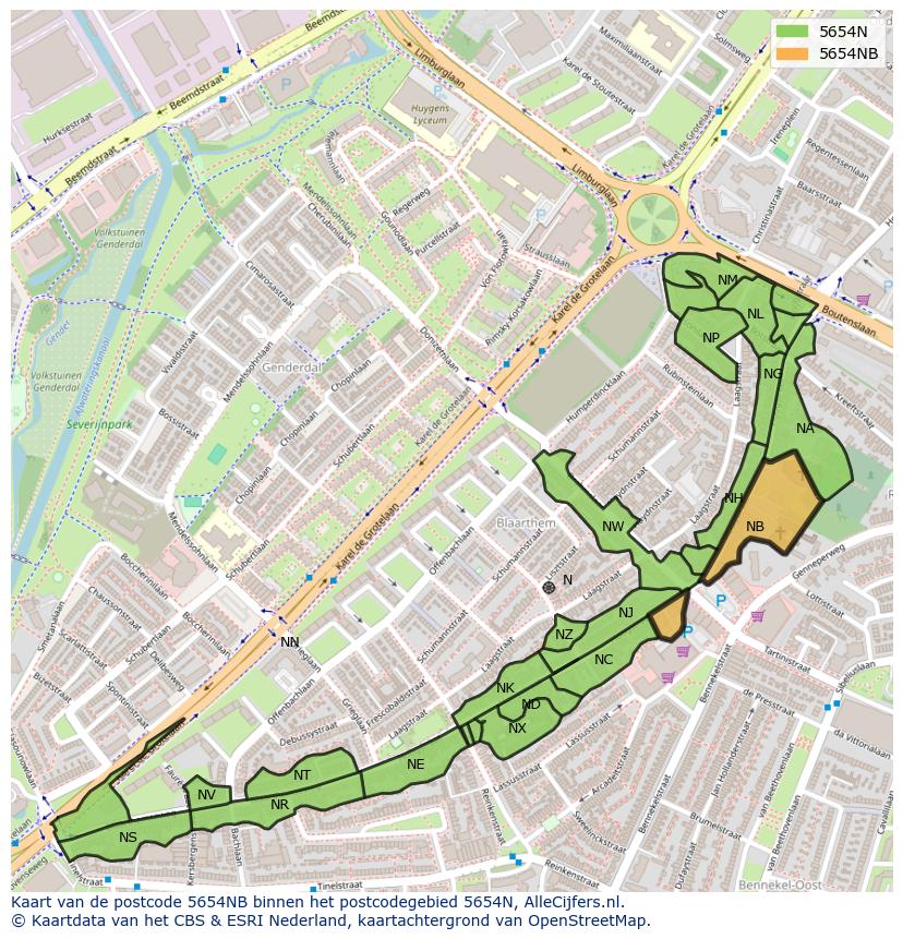 Afbeelding van het postcodegebied 5654 NB op de kaart.