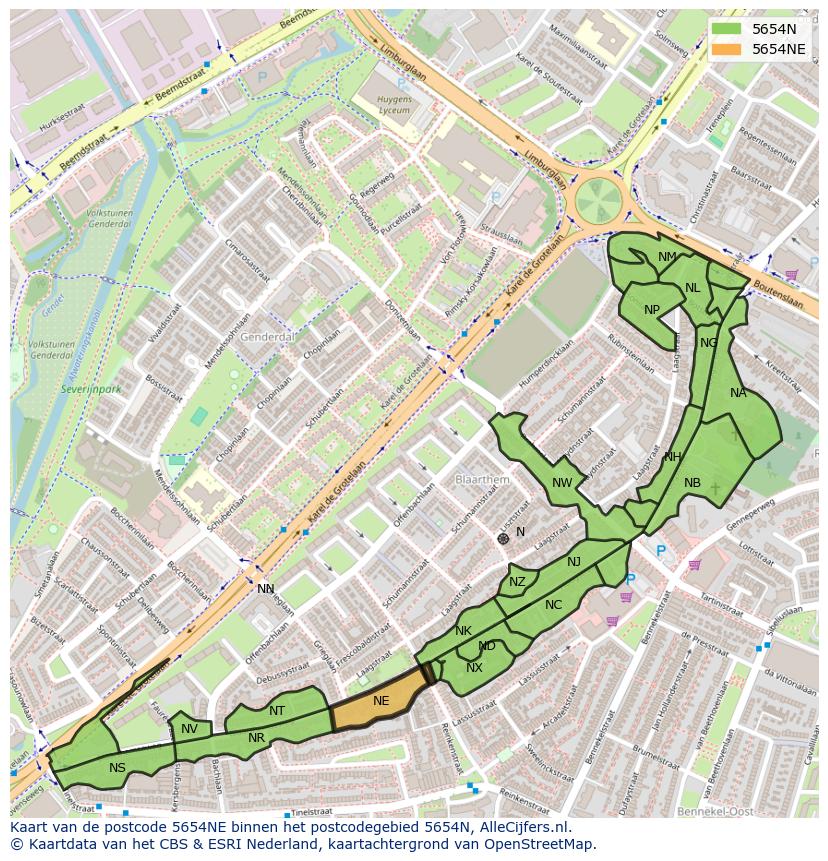 Afbeelding van het postcodegebied 5654 NE op de kaart.