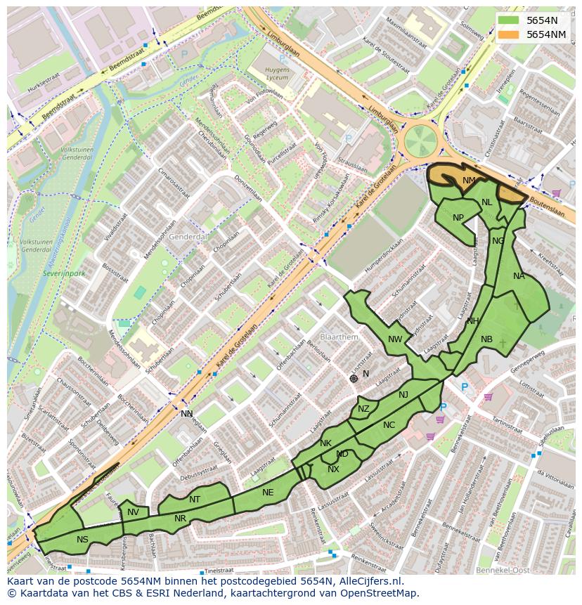Afbeelding van het postcodegebied 5654 NM op de kaart.