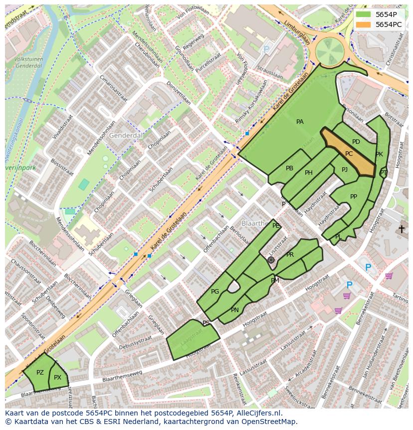 Afbeelding van het postcodegebied 5654 PC op de kaart.