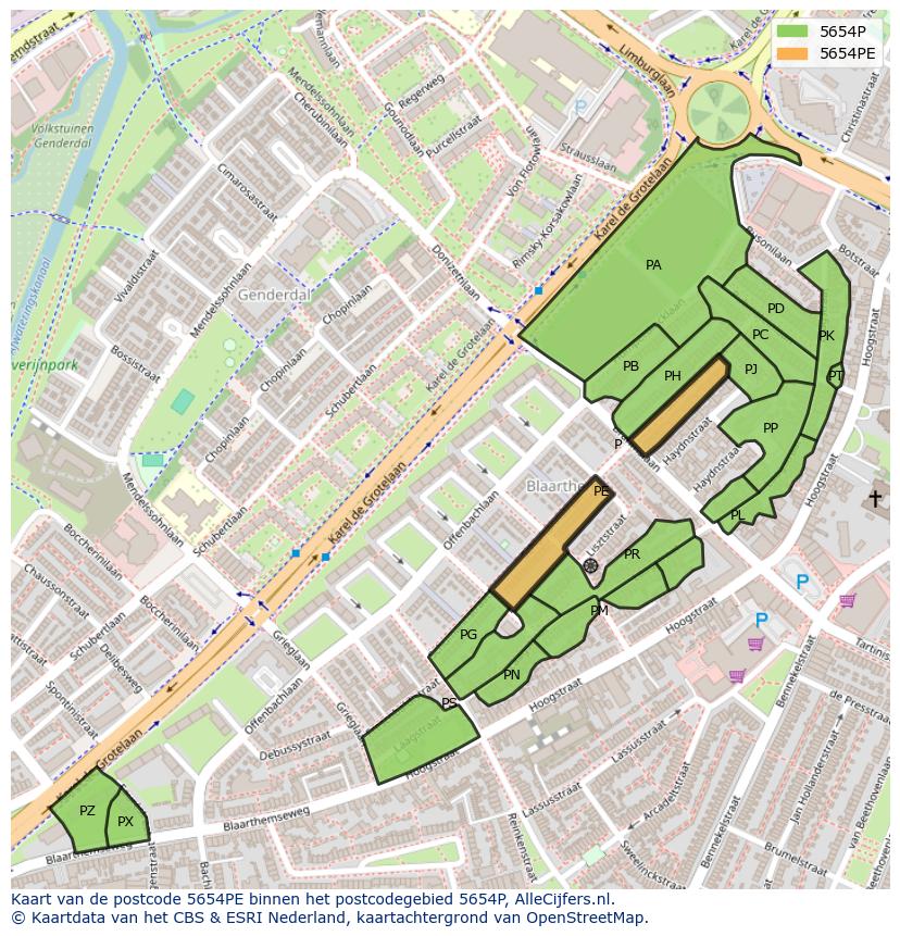 Afbeelding van het postcodegebied 5654 PE op de kaart.