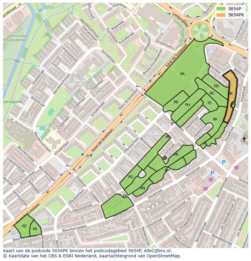 Afbeelding van het postcodegebied 5654 PK op de kaart.