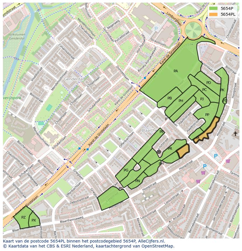 Afbeelding van het postcodegebied 5654 PL op de kaart.