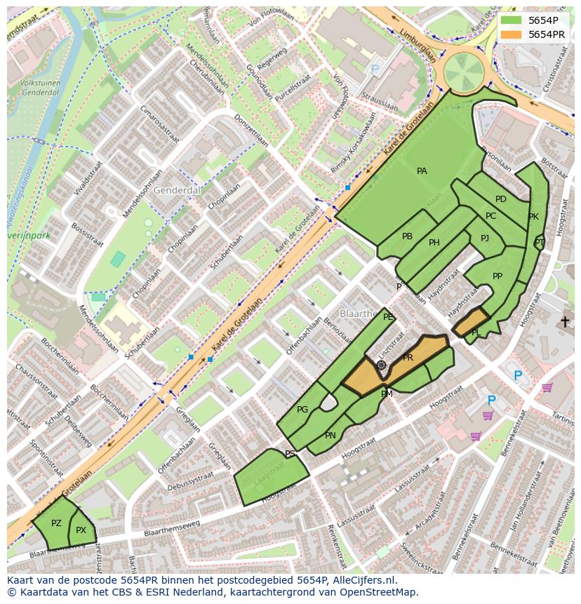 Afbeelding van het postcodegebied 5654 PR op de kaart.