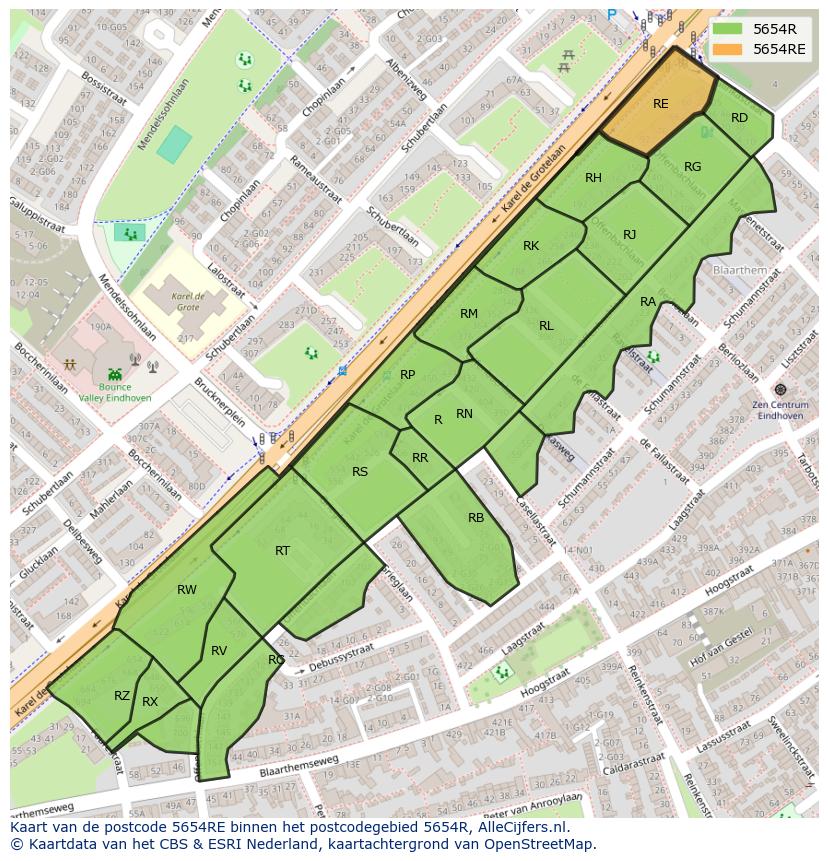 Afbeelding van het postcodegebied 5654 RE op de kaart.