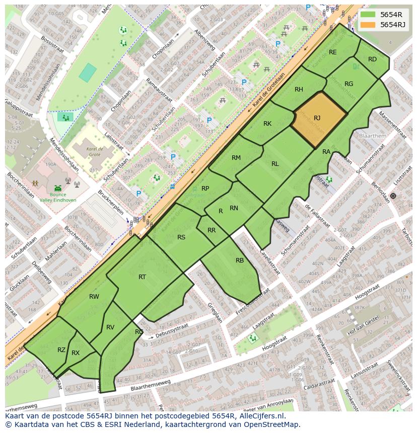 Afbeelding van het postcodegebied 5654 RJ op de kaart.