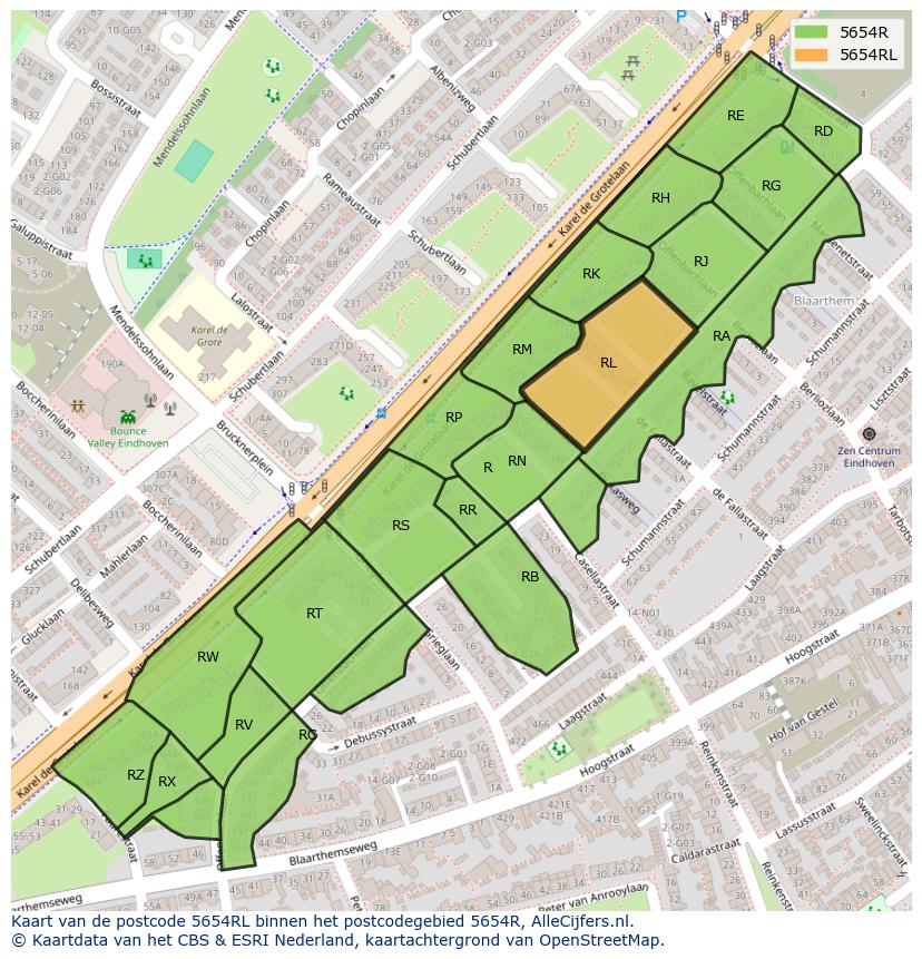 Afbeelding van het postcodegebied 5654 RL op de kaart.