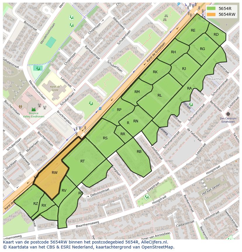 Afbeelding van het postcodegebied 5654 RW op de kaart.